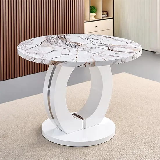 Halo Round Dining Table - White, Marble Effect