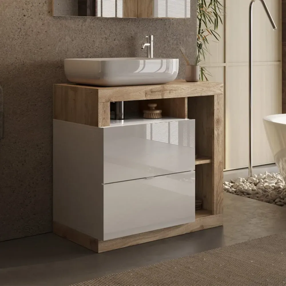Hanmer Floor Standing Vanity Unit with Drawers - White Gloss, Cadiz Oak product