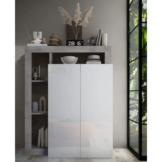 Hanmer High Gloss Shoe Storage Cabinet 2 Doors - White, Concrete image