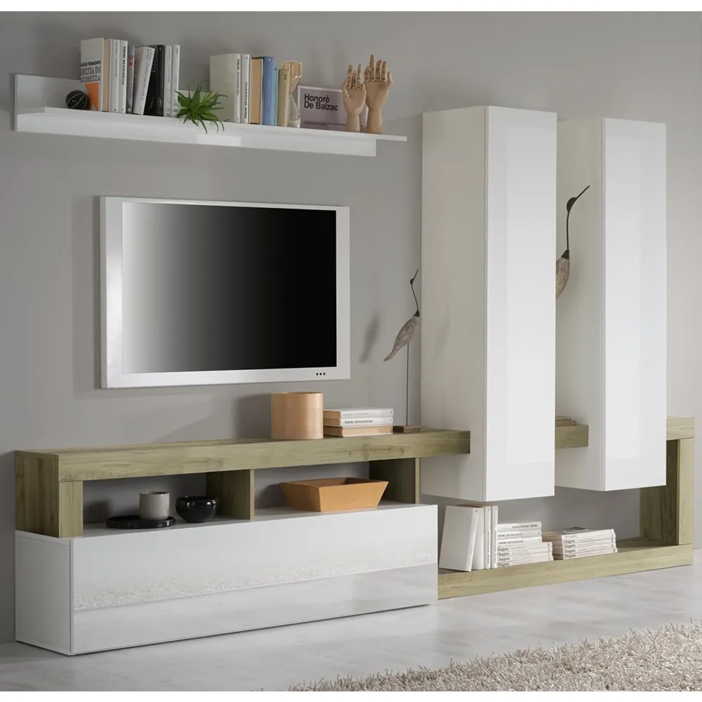 Hanmer Large Wall Entertainment Unit - White Gloss, Cadiz Oak