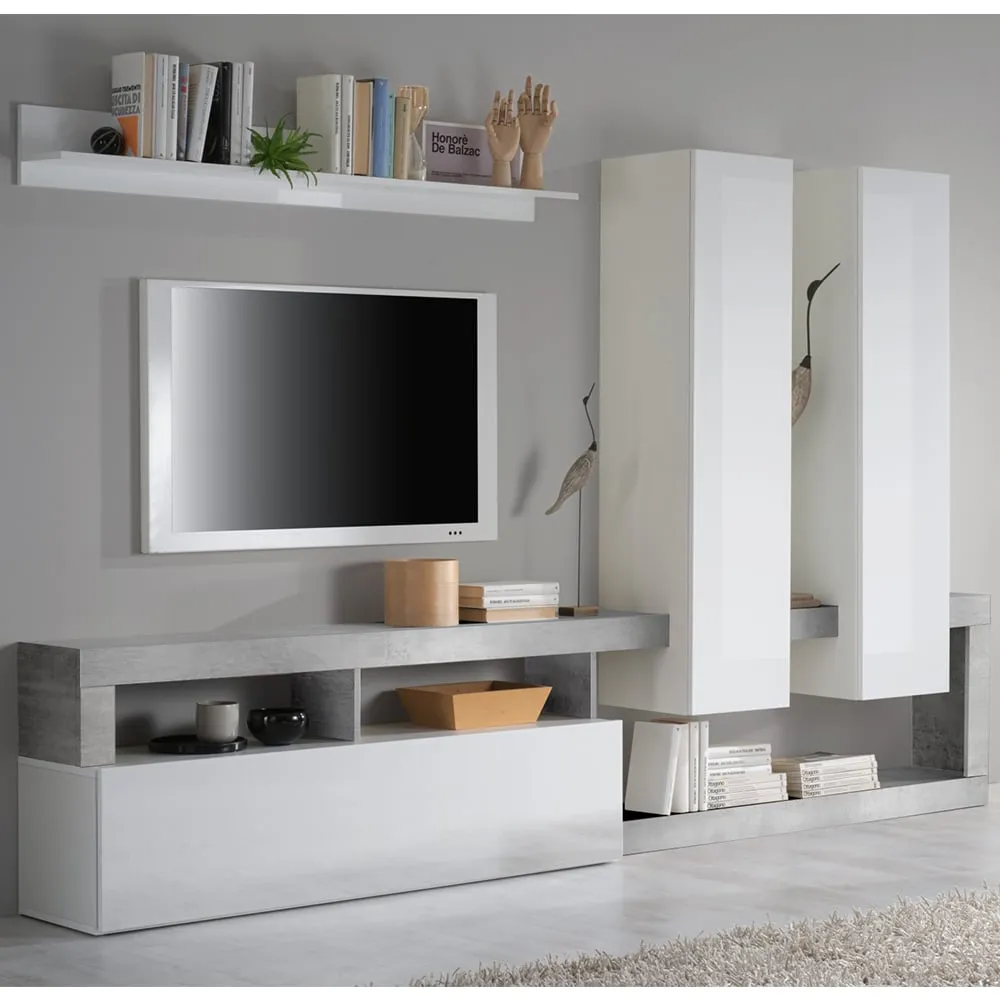 Hanmer Large Wall Entertainment Unit - White Gloss, Cement