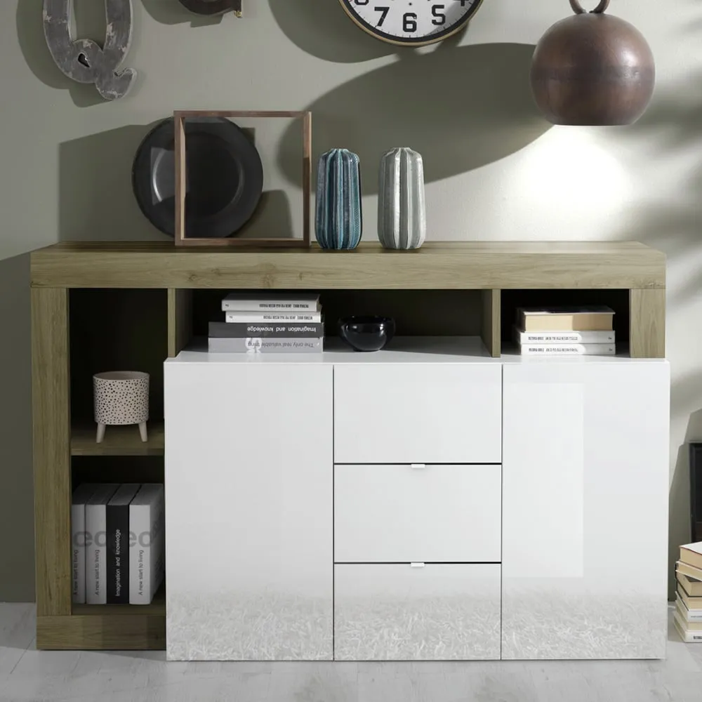 Hanmer Sideboard with 2 Doors 3 Drawers - White, Cadiz Oak