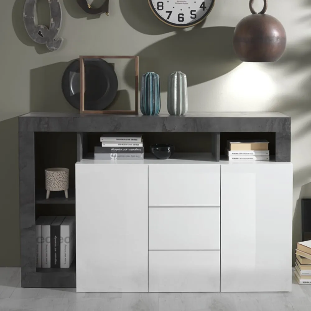 Hanmer Sideboard with 2 Doors 3 Drawers - White, High Gloss