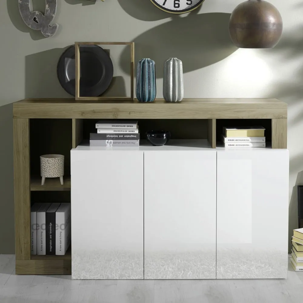 Hanmer Sideboard with 3 Doors - White, Cadiz Oak
