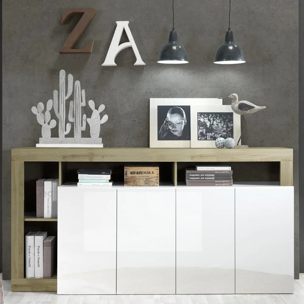 Hanmer Sideboard with 4 Doors - White, Cadiz Oak