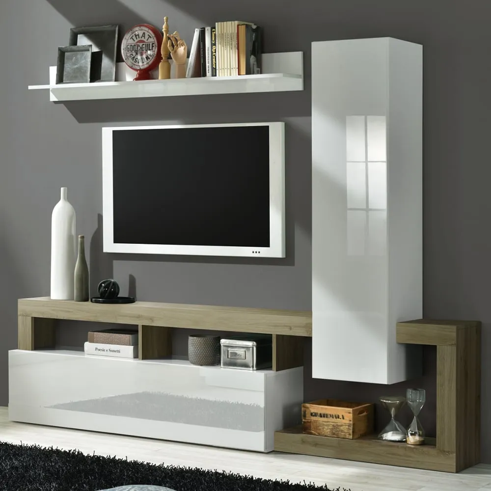 Hanmer Small Wall Entertainment Unit - White Gloss, Cadiz Oak image