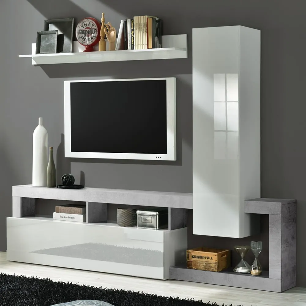 Hanmer Small Wall Entertainment Unit - White Gloss, Cement