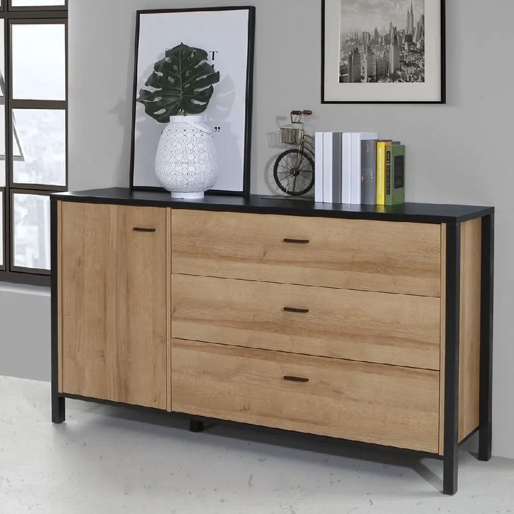 Harbor Wooden Sideboard with 1 Door 3 Drawers - Black, Oak image