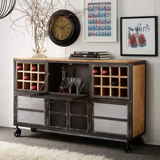 Harlow Wine Cabinet with Storage - Hardwood, Reclaimed Metal
