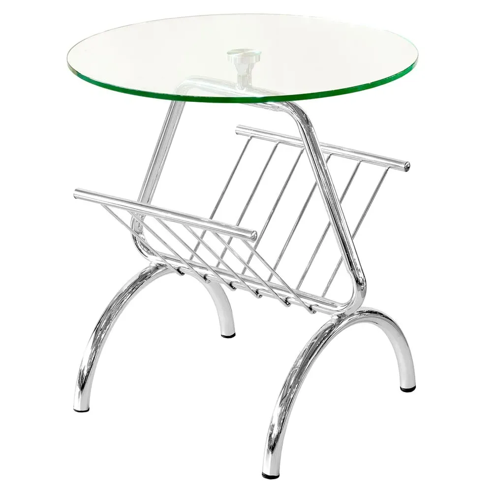 Harris Round Magazine Rack Table - Clear Glass, Chrome