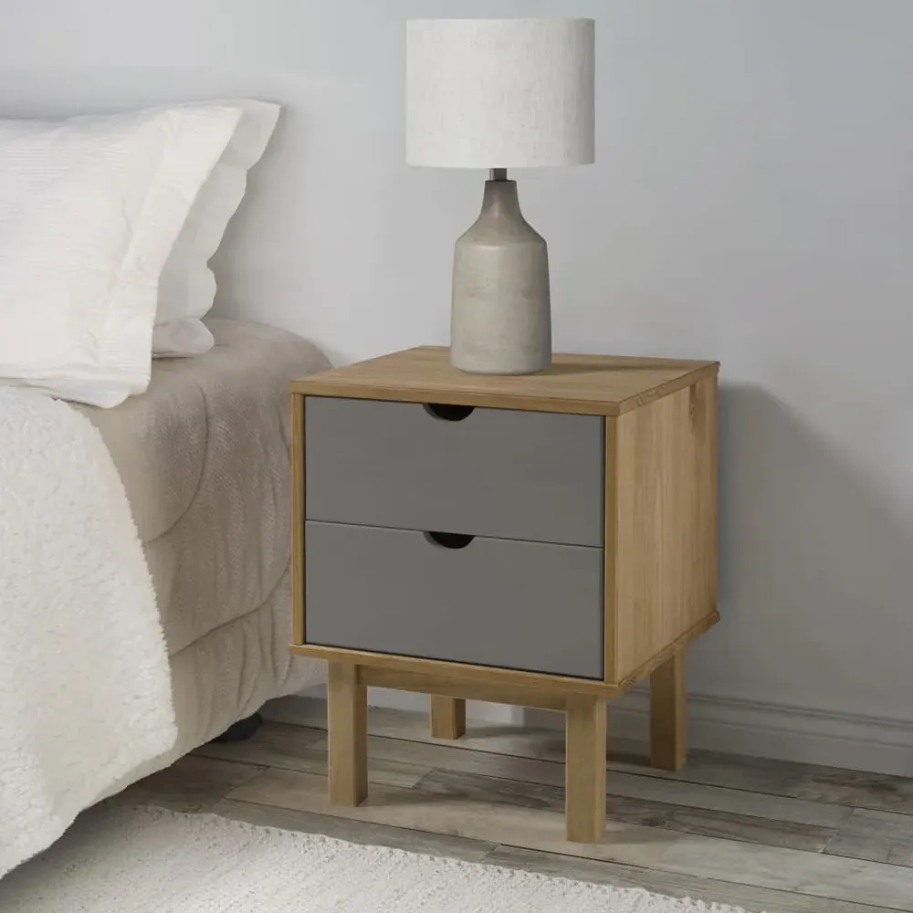 Harrow Bedside Cabinet with 2 Drawers - Grey Brown, Pinewood product