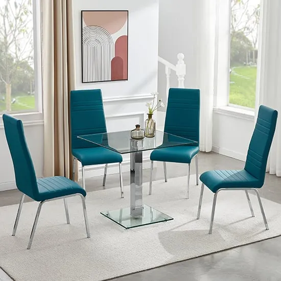 Hartley Glass Dining Table with 4 Dora Chairs - Clear, Teal