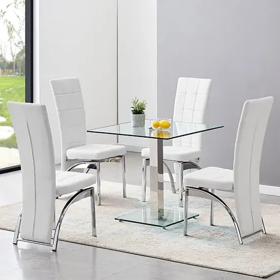 Hartley Glass Dining Table with 4 Ravenna Chairs - Clear, White