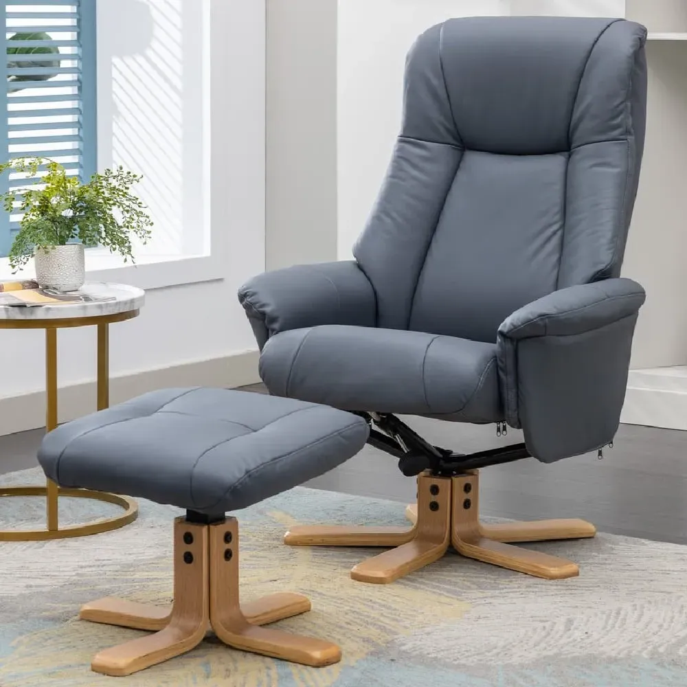 Hatton Swivel Recliner Chair with Stool - Blue, Leather image