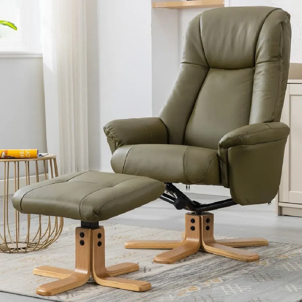 Hatton Swivel Recliner Chair with Stool - Green, Leather