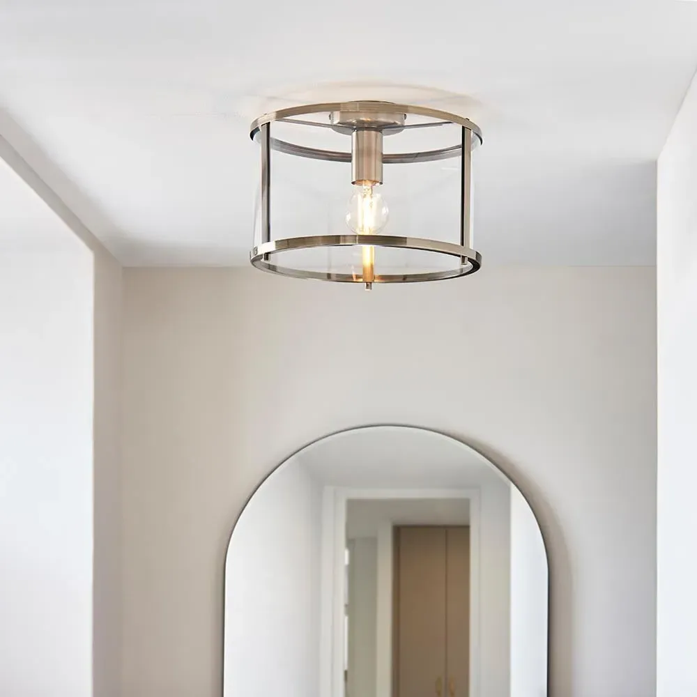 Hebron Clear Glass Shade Flush Ceiling Light - Antique Brass
