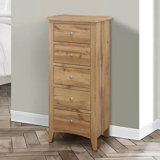 Hebron Tall Chest of 5 Drawers - Oak image