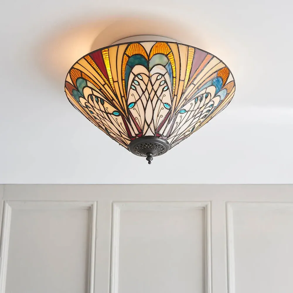 Hector Tiffany Glass Shade Flush Light - Satin Black