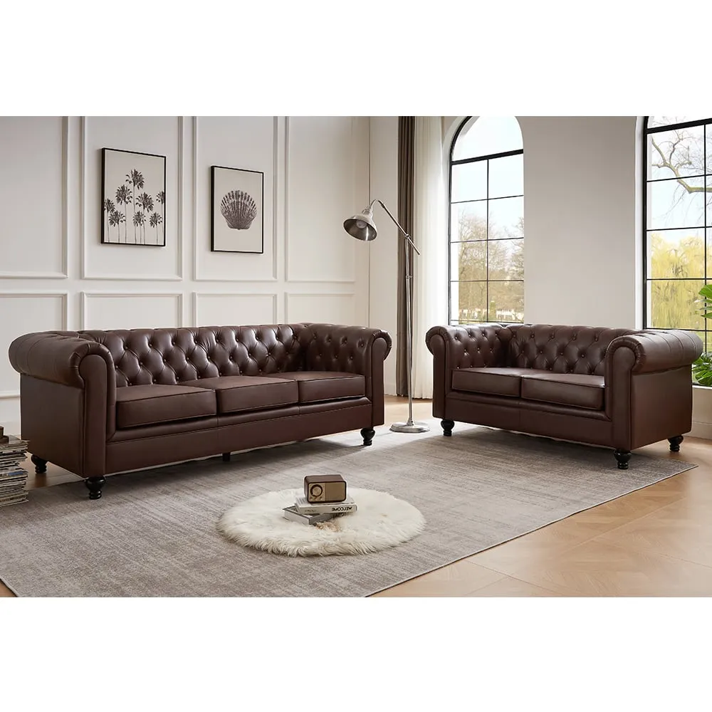 Hertford 3+2 Seater Sofa Set - Brown, Faux Leather