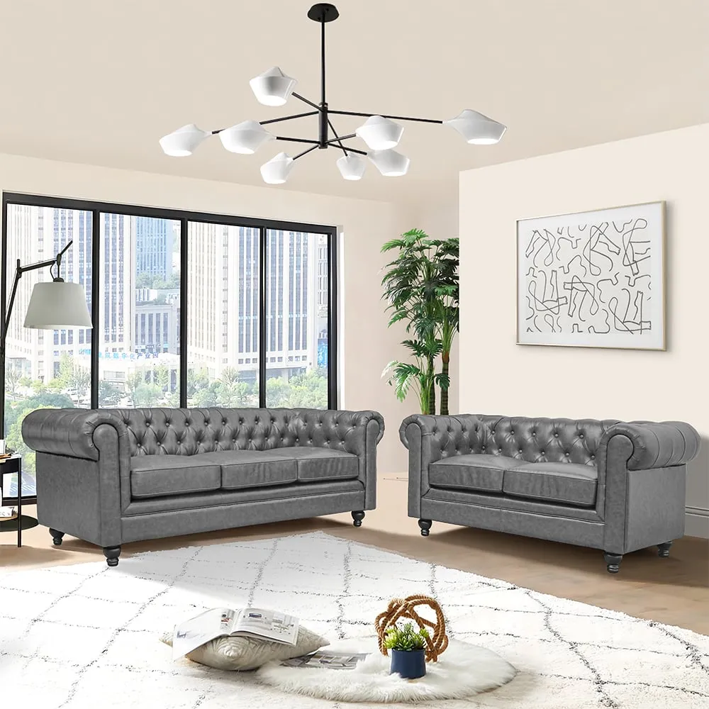 Hertford 3+2 Seater Sofa Set - Grey, Faux Leather