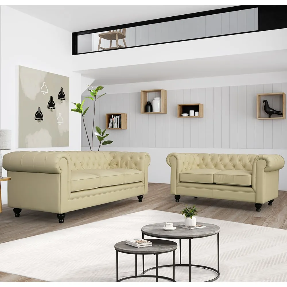 Hertford 3+2 Seater Sofa Set - Ivory, Faux Leather