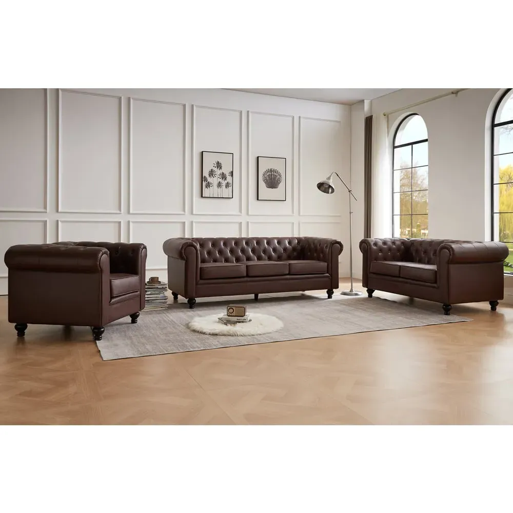 Hertford 3+2+1 Seater Sofa Set - Brown, Faux Leather