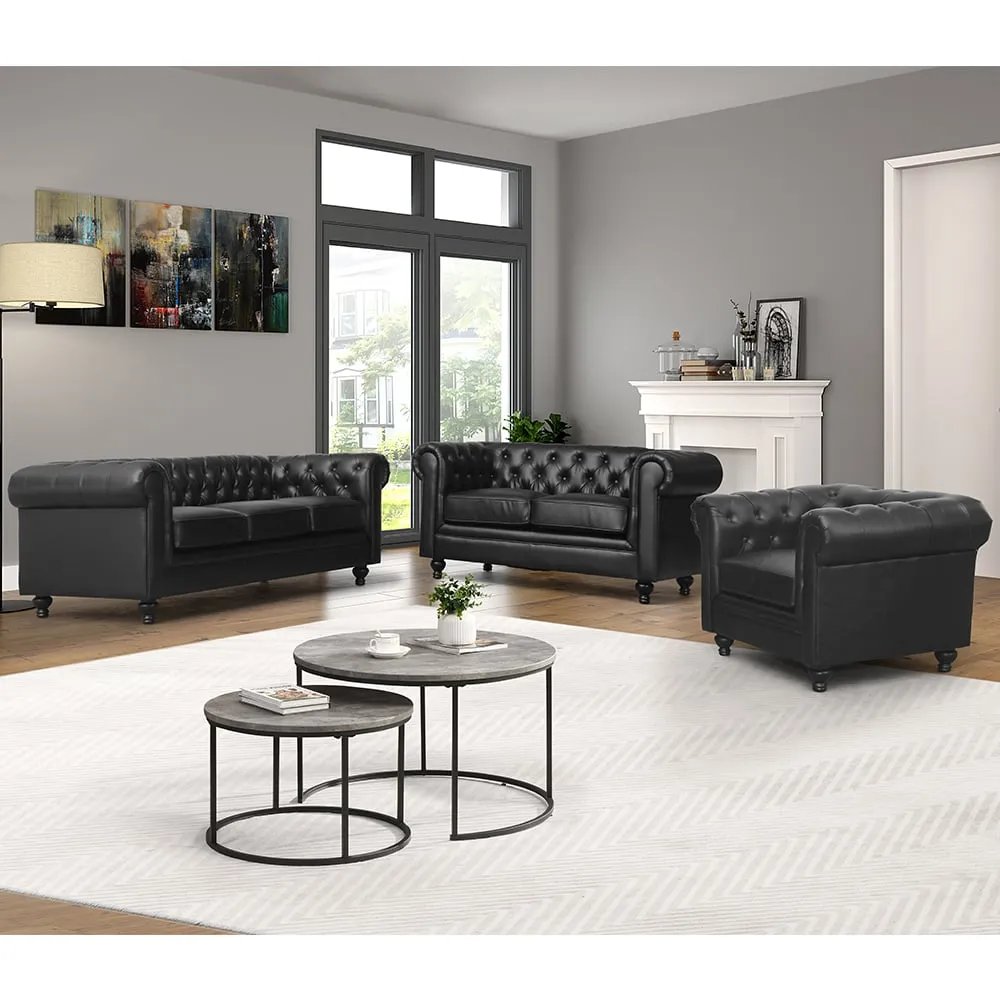 Hertford Chesterfield 3+2+1 Sofa Set - Black, Faux Leather image