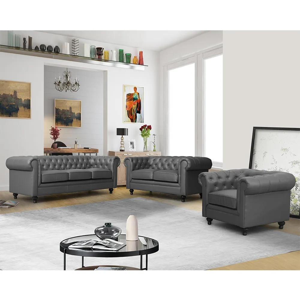 Hertford Chesterfield 3+2+1 Sofa Set - Dark Grey, Faux Leather