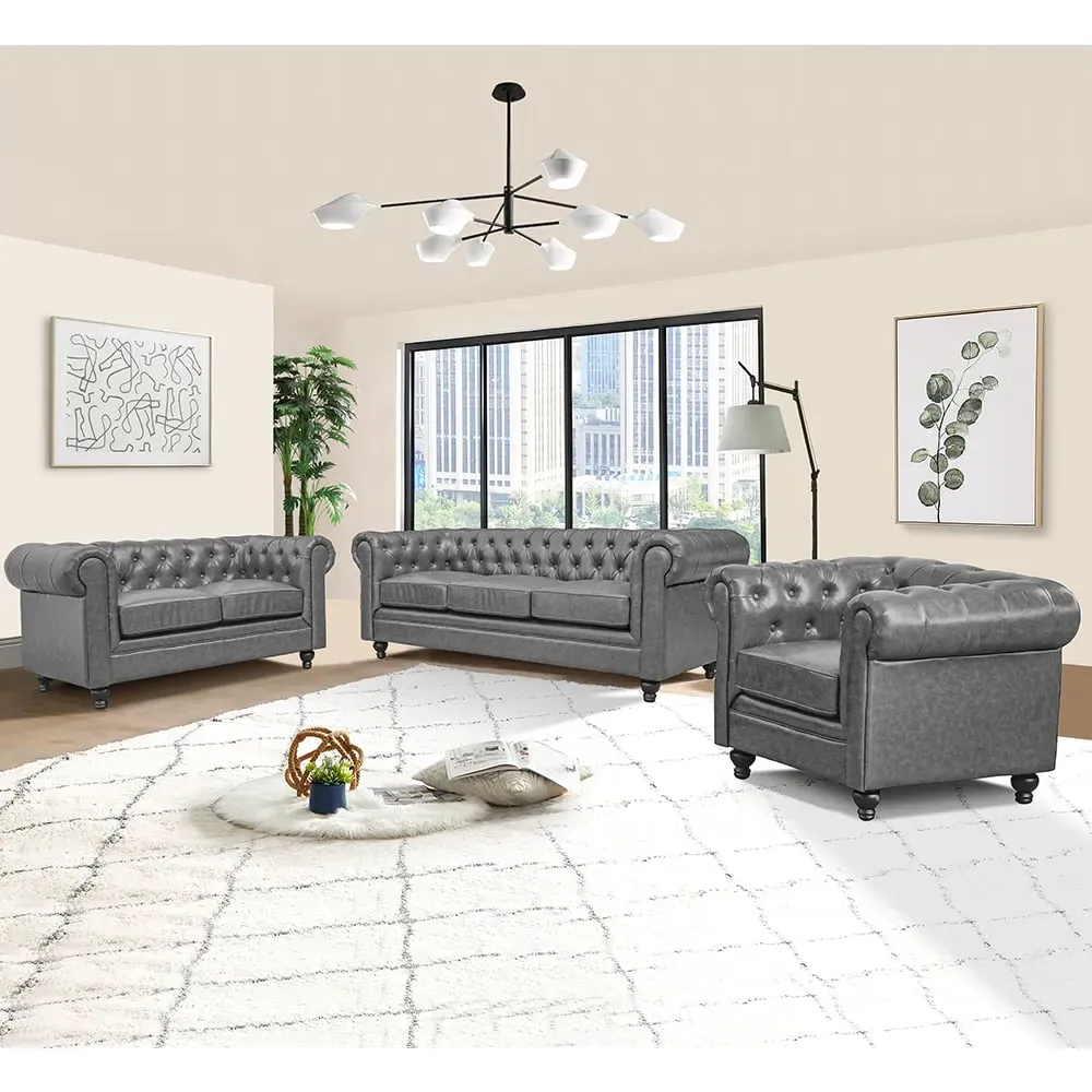 Hertford Chesterfield 3+2+1 Sofa Set - Vintage Grey, Faux Leather