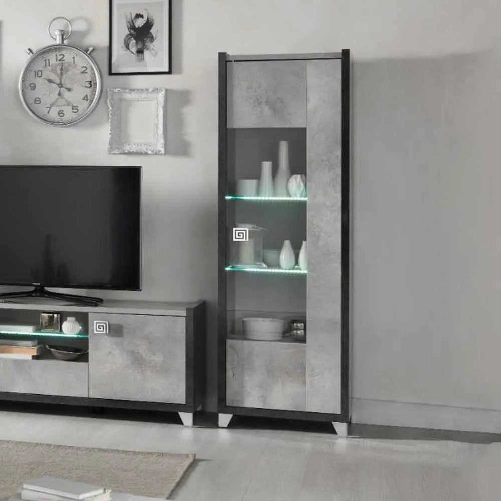 Heston 1-Door Display Cabinet with LED - Grey, High Gloss Marble Effect product