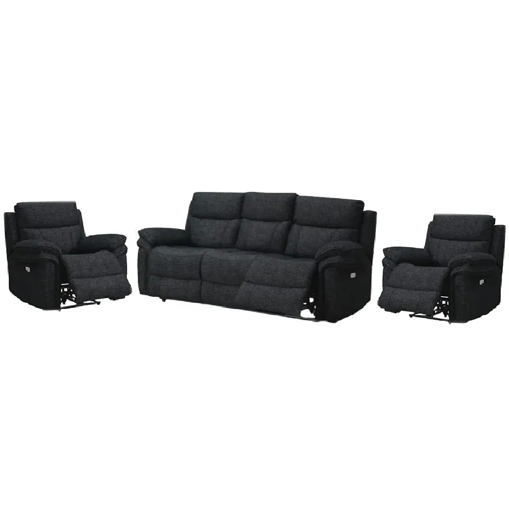 Hialeah 3+1+1 Seater Electric Recliner Sofa Set - Black, Fabric