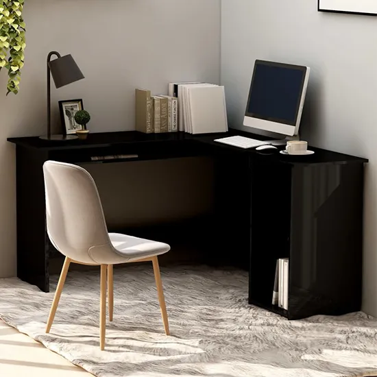 Hieu L-Shaped Computer Desk with Keyboard Tray - Black, High Gloss product