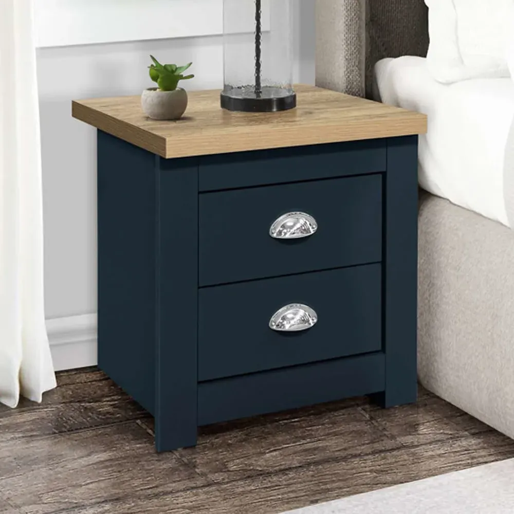 Highland 2 Drawer Bedside Cabinet - Navy Blue, Oak image