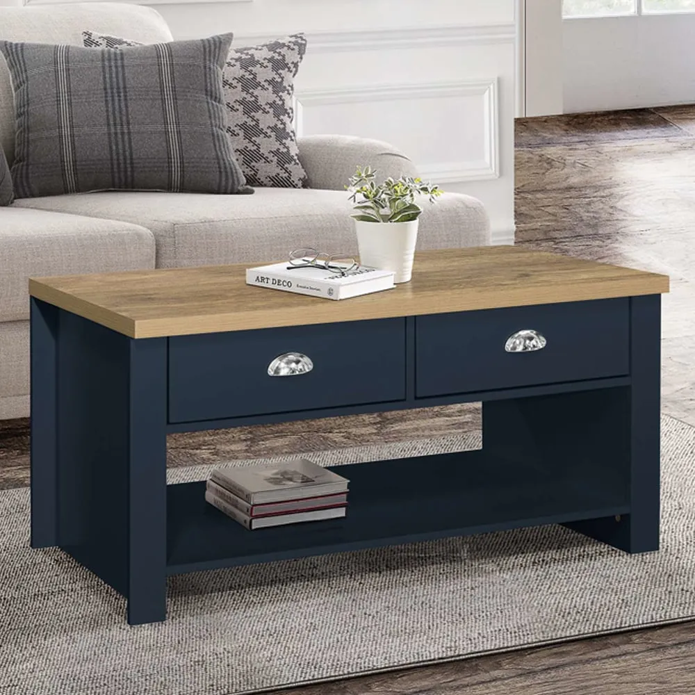 Highland Coffee Table with 2 Drawers - Blue, Oak