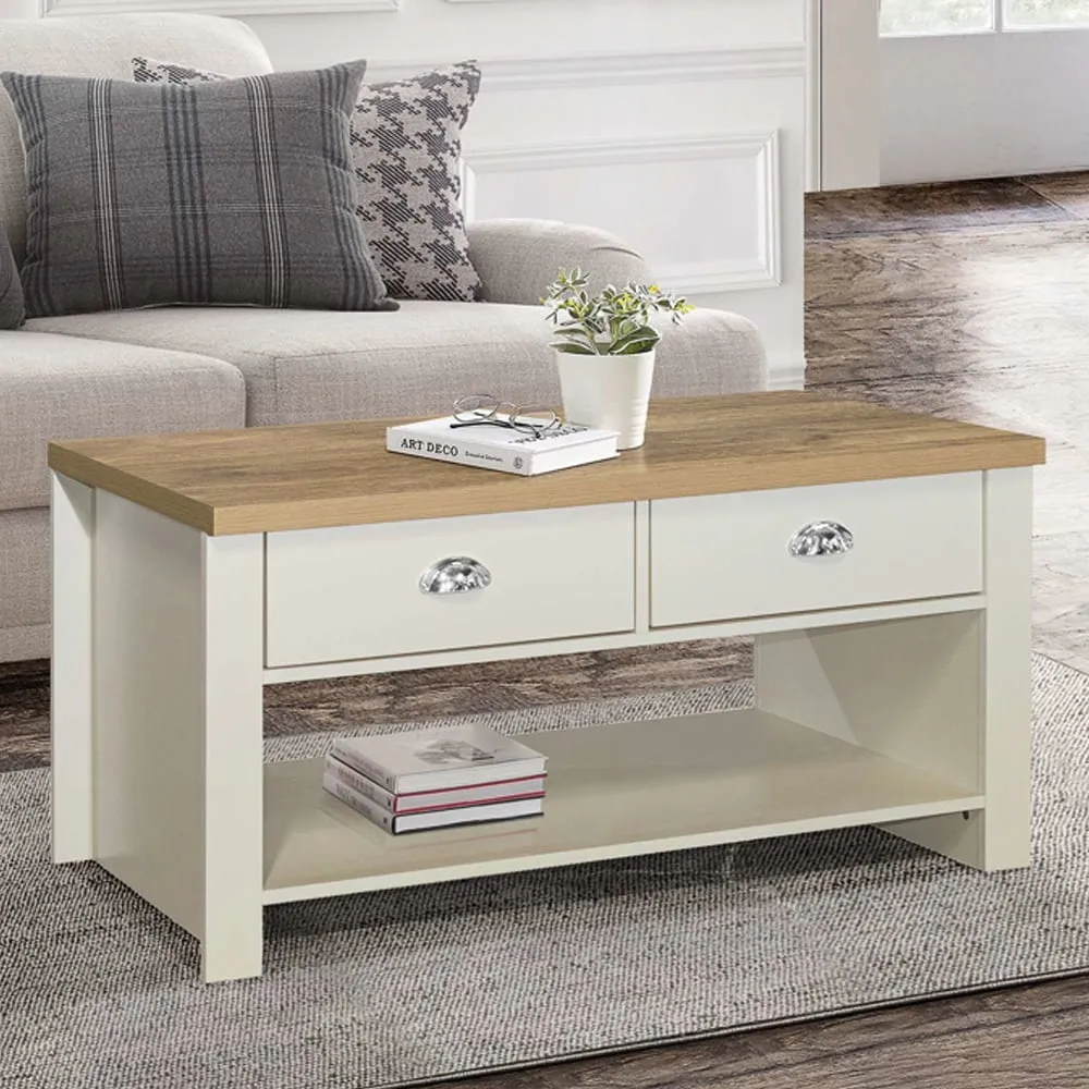 Highland Coffee Table with 2 Drawers - Cream, Oak