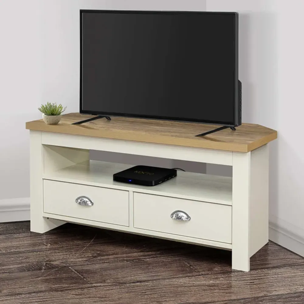 Highland Corner TV Stand with 2 Drawers - Cream, Oak