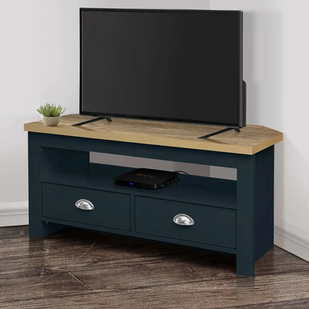 Highland Corner TV Stand with 2 Drawers - Navy Blue, Oak