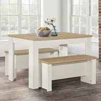 Highland Dining Table with 2 Benches - Cream, Oak