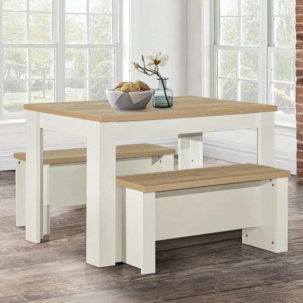Highland Dining Table with 2 Benches - Cream, Oak