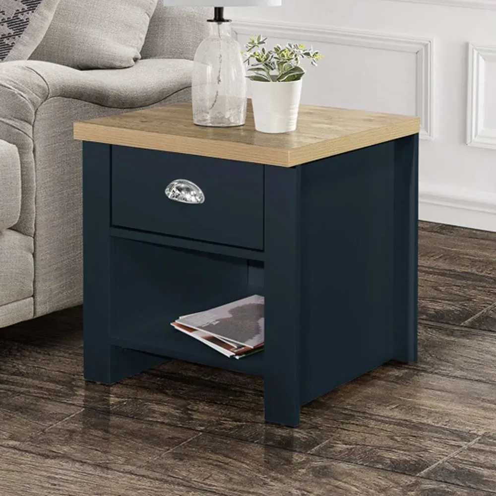 Highland Lamp Table with Drawer - Navy Blue, Oak image