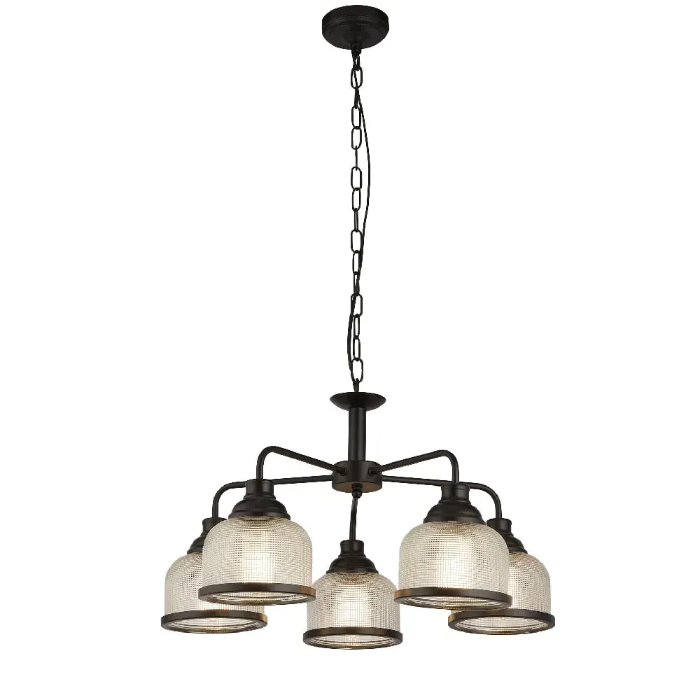 Highworth 5 Light Holophane Glass Pendant Light - Black