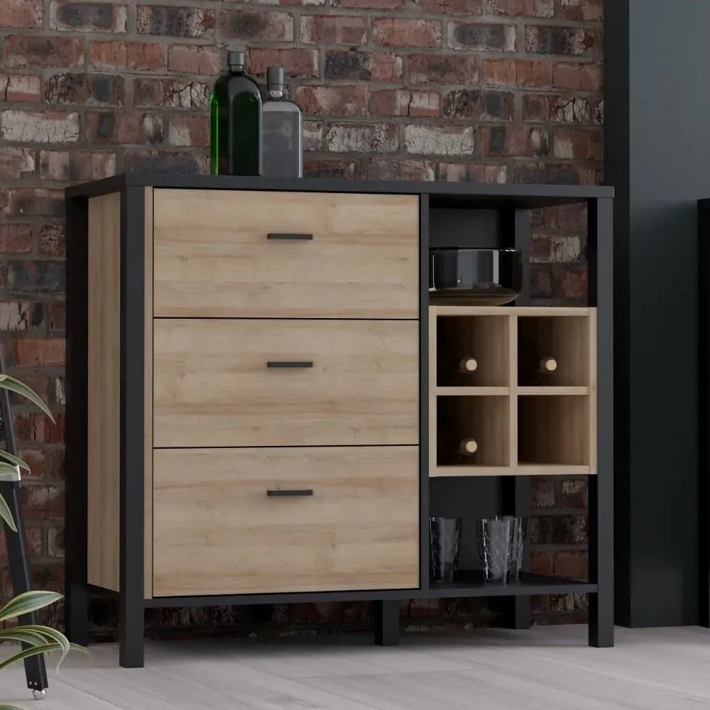 Hinckley Drinks Cabinet with 3 Drawers - Black, Oak image