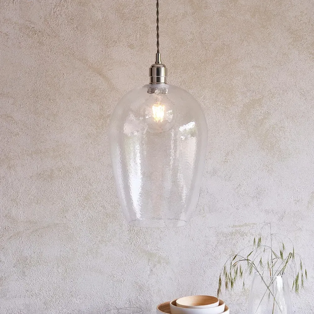 Hixson Large Hammered Glass Pendant Ceiling Light - Nickel