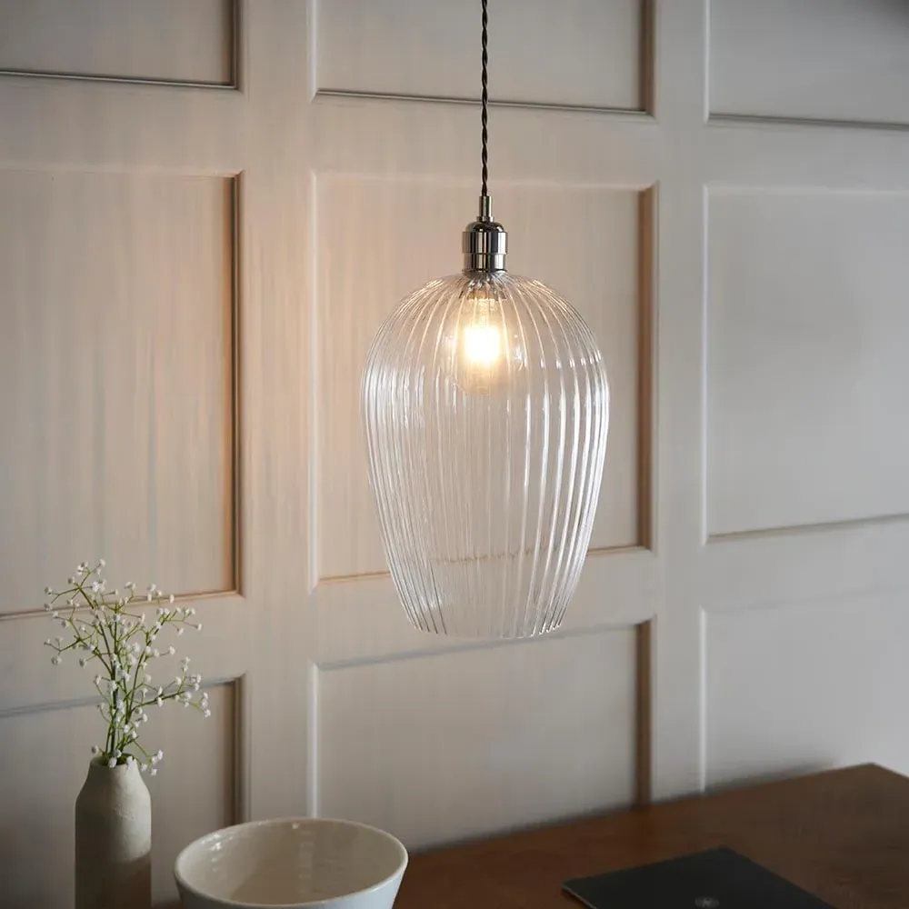 Hixson Large Ribbed Glass Pendant Ceiling Light - Nickel