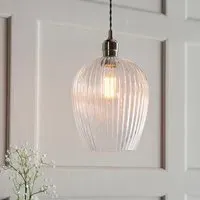 Hixson Small Ribbed Glass Pendant Ceiling Light - Nickel