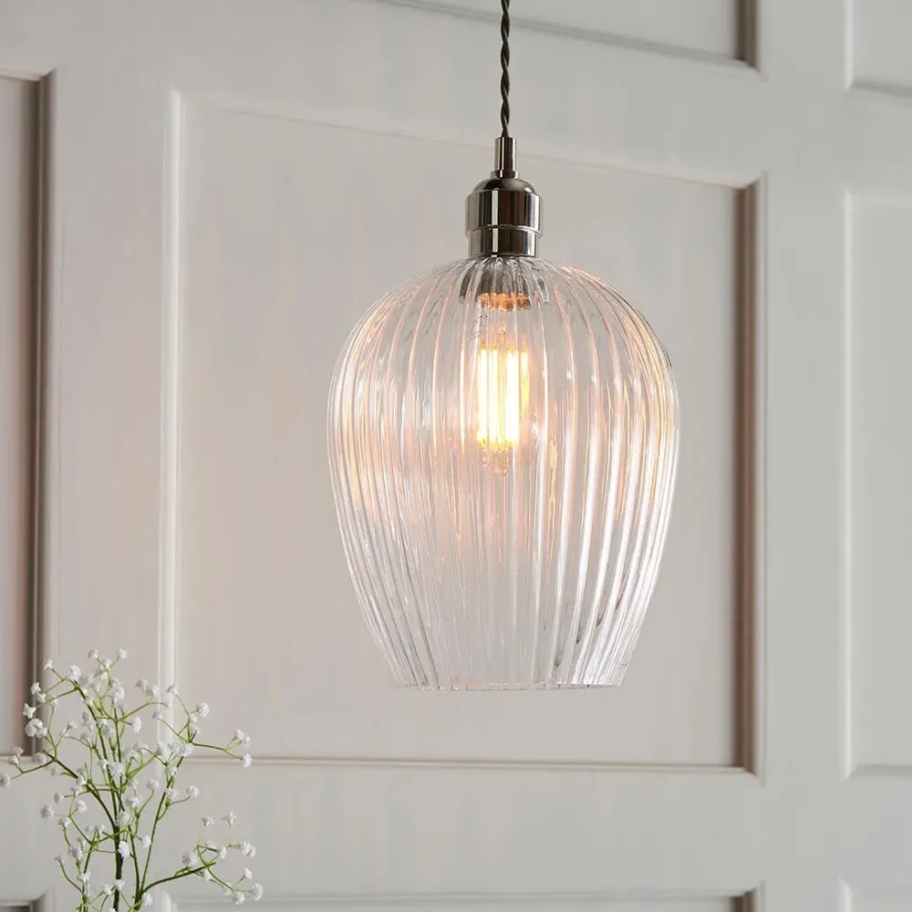 Hixson Small Ribbed Glass Pendant Ceiling Light - Nickel image