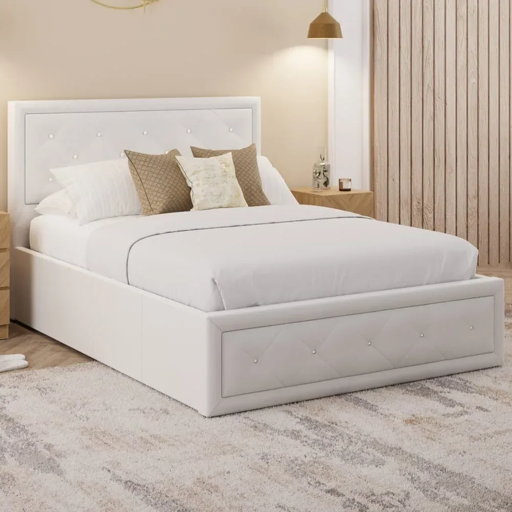 Honiton Double Ottoman Bed with Storage - White, PU Leather