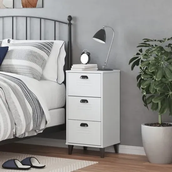 Hove Bedside Cabinet with 3 Drawers - White, Pine Wood