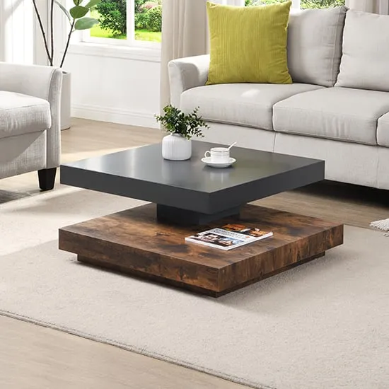 Hugo Rotating Square Coffee Table - Grey, Rustic Oak