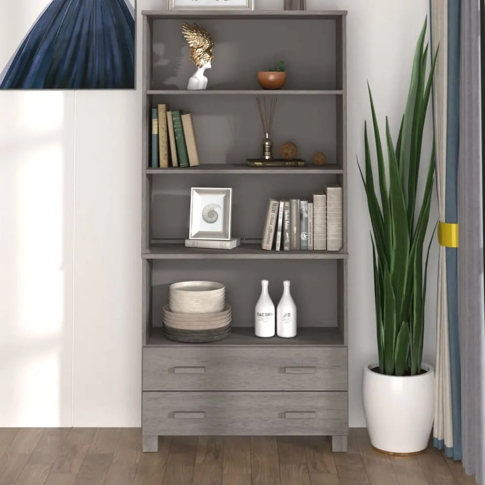 Hull Wide Bookcase with 2 Drawers - Light Grey, Pinewood